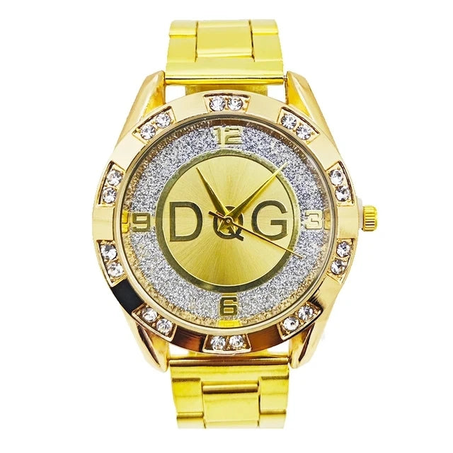 DQG Crystal Quartz Female Watch Gold Silver Stainless Steel