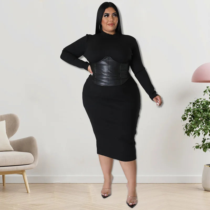 Plus Size Leather Patchwork Dress Female Party Street Outfit