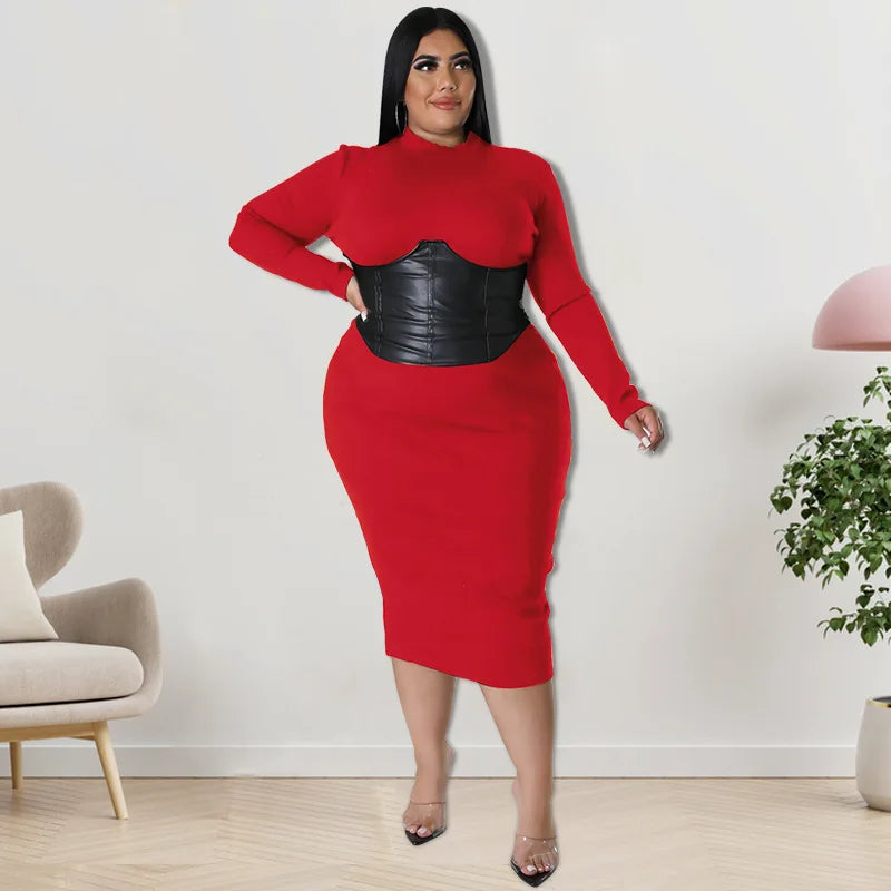 Plus Size Leather Patchwork Dress Female Party Street Outfit