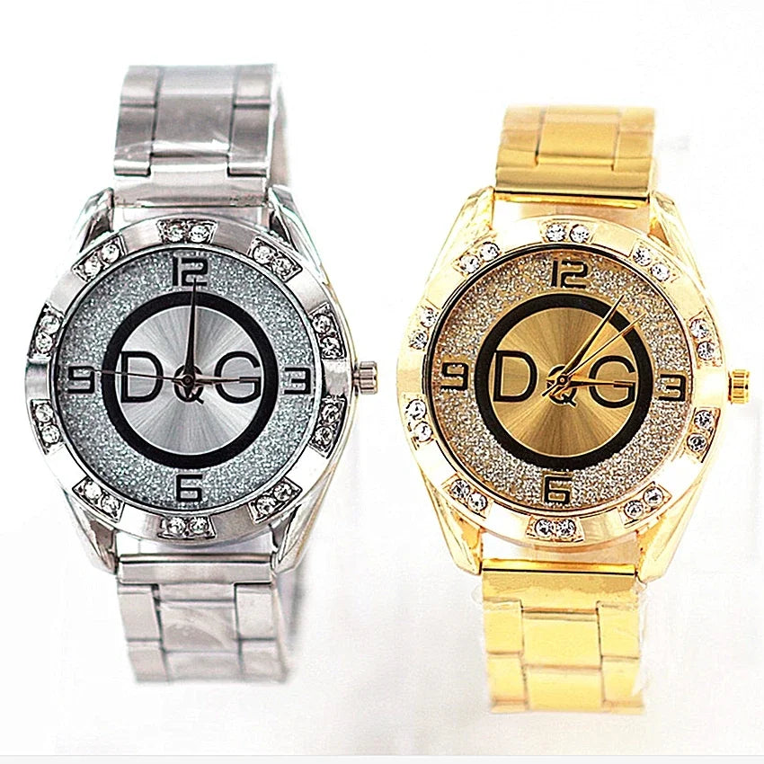 DQG Crystal Quartz Female Watch Gold Silver Stainless Steel