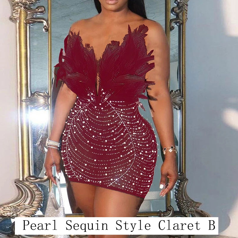 Black Feathers Sexy Luxury Sequin Tube Dress Backless Mini Bodycon