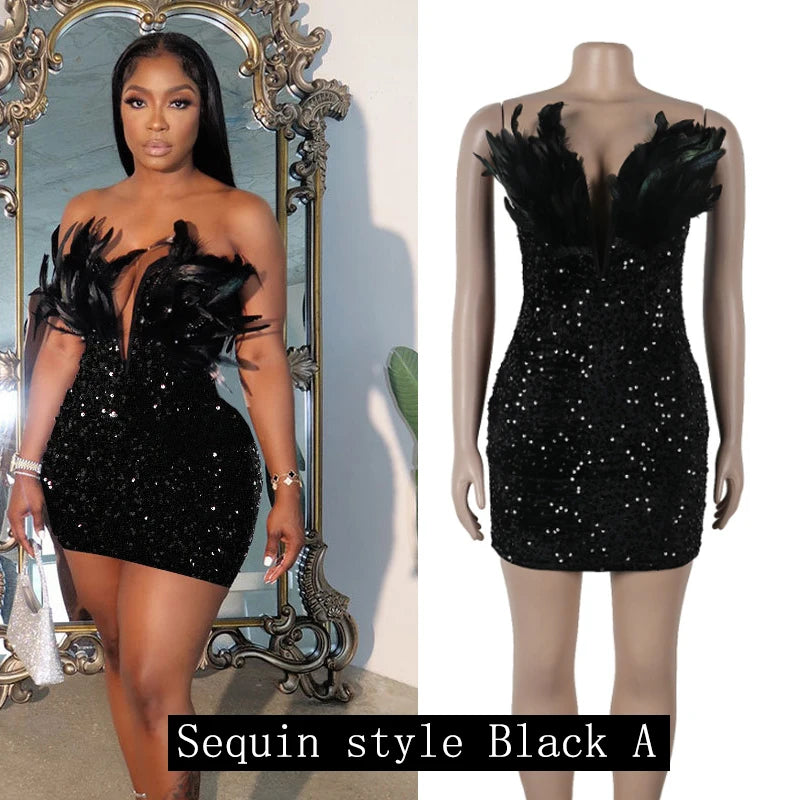 Black Feathers Sexy Luxury Sequin Tube Dress Backless Mini Bodycon