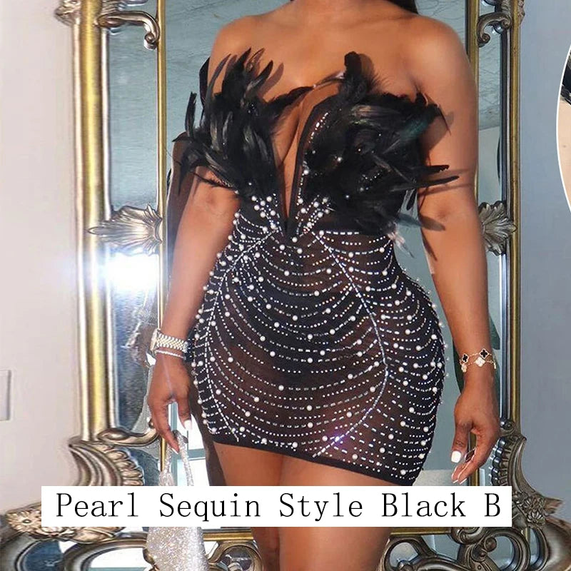 Black Feathers Sexy Luxury Sequin Tube Dress Backless Mini Bodycon