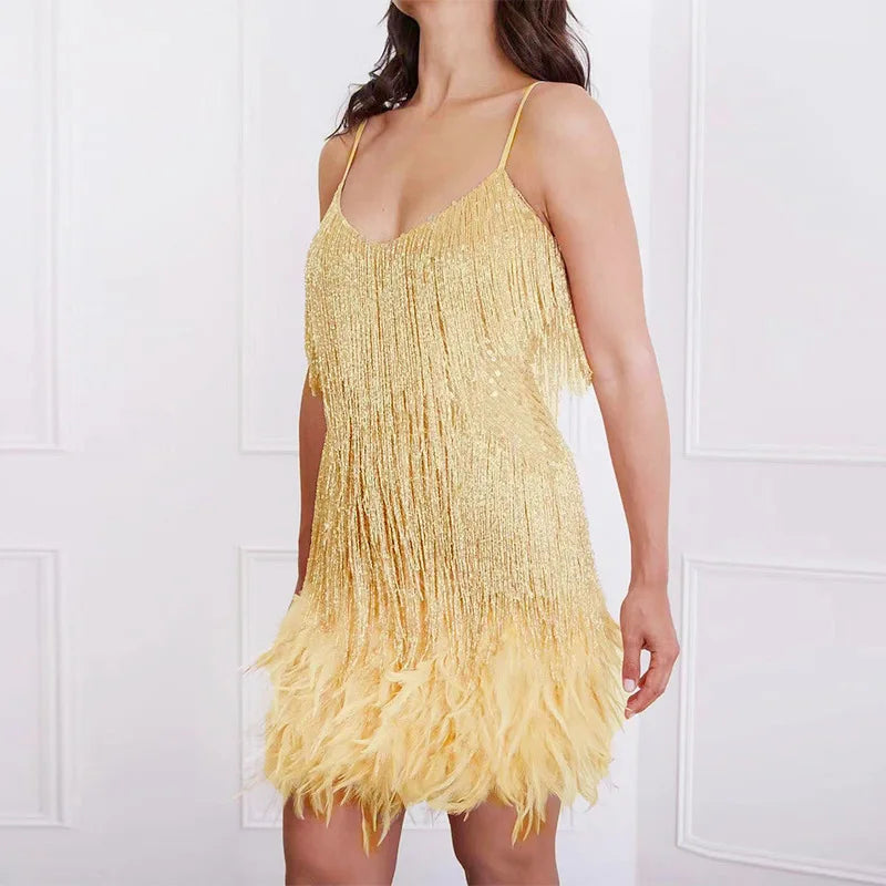 New Sexy Tassel Sequins Feather Mini Dress Gold Cocktail