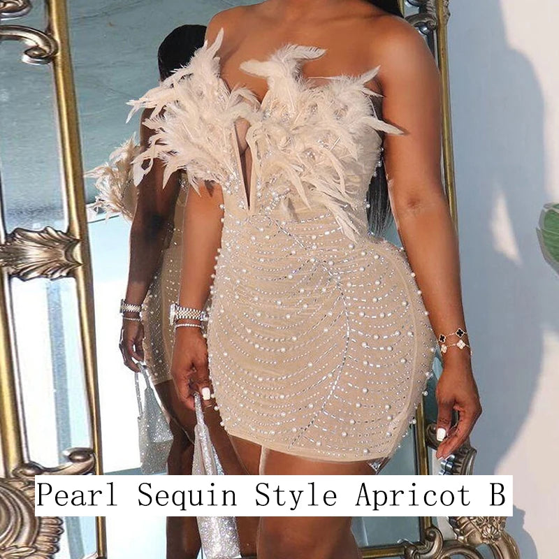 Black Feathers Sexy Luxury Sequin Tube Dress Backless Mini Bodycon