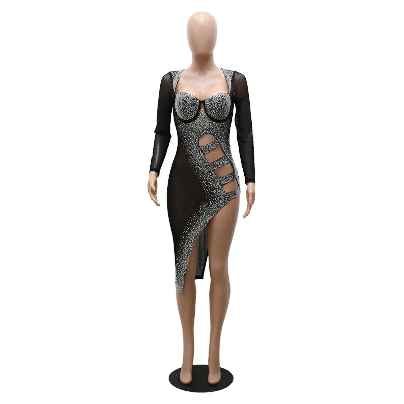 Diamond Perspective Night Club Dresses Sexy Long Sleeve See Through Split Party