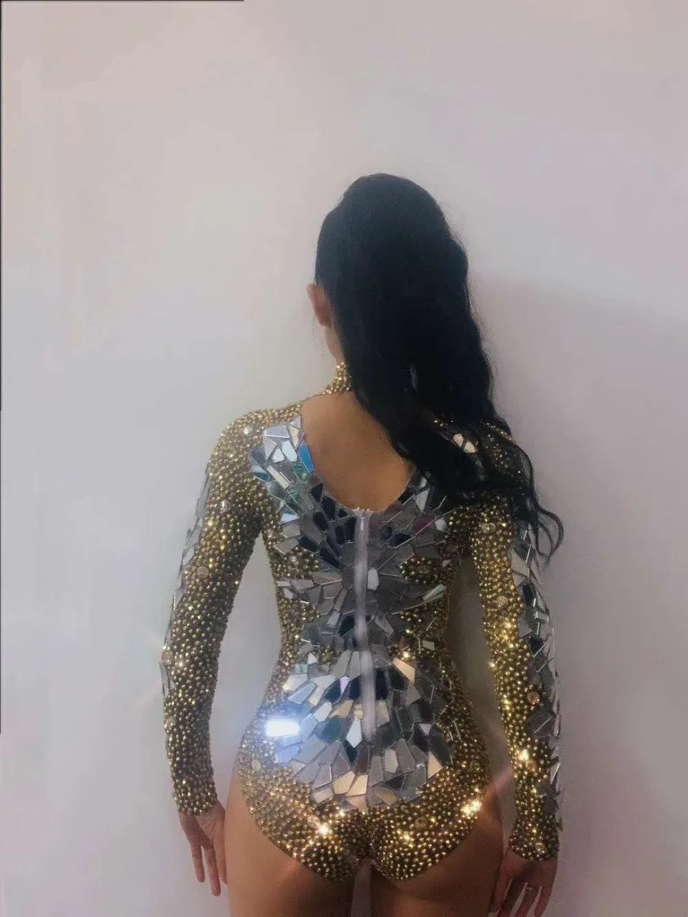 Women Gold Rhinestones Bodysuit Long Sleeve Jumpsuit Nightclub Costumes