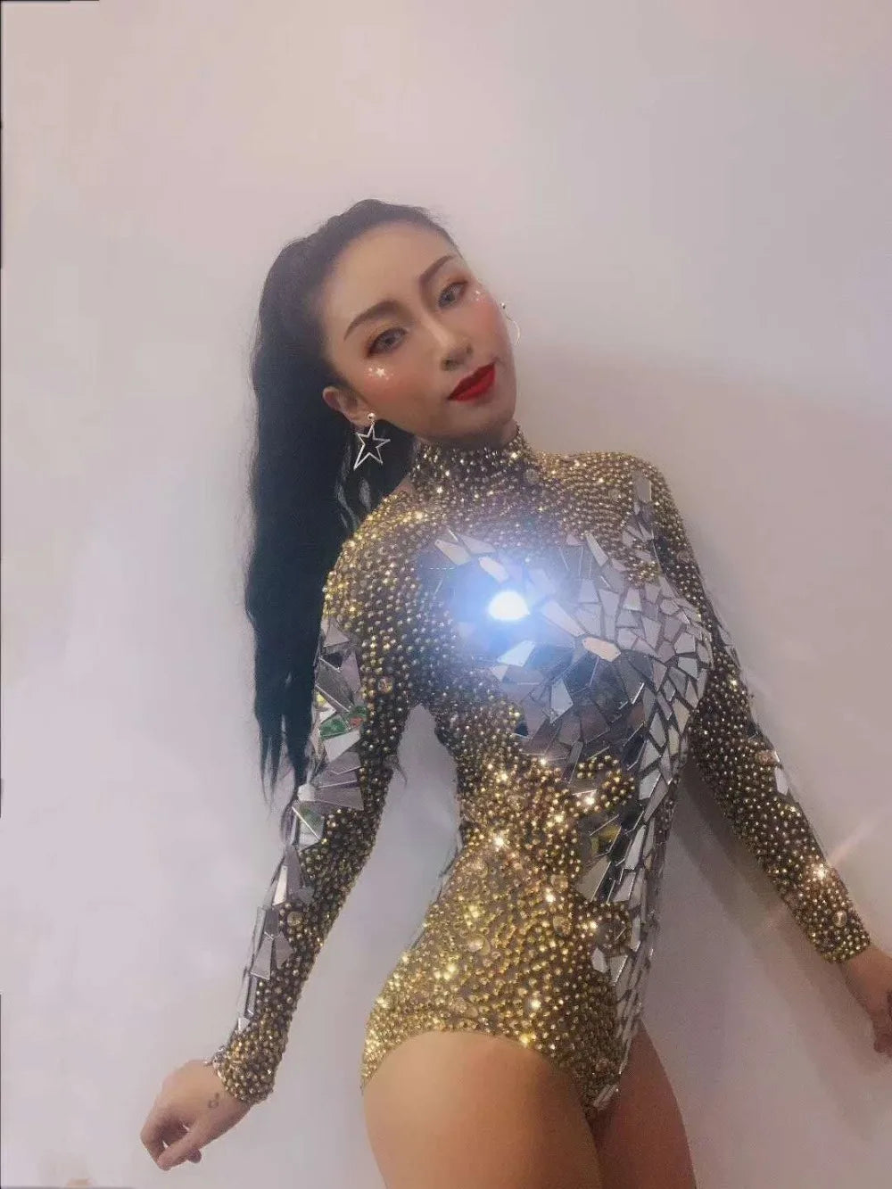 Women Gold Rhinestones Bodysuit Long Sleeve Jumpsuit Nightclub Costumes