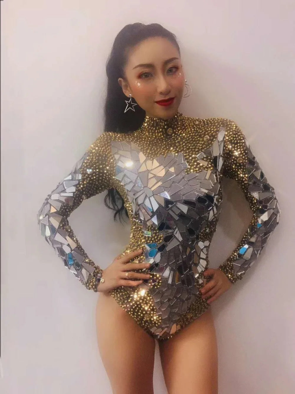 Women Gold Rhinestones Bodysuit Long Sleeve Jumpsuit Nightclub Costumes