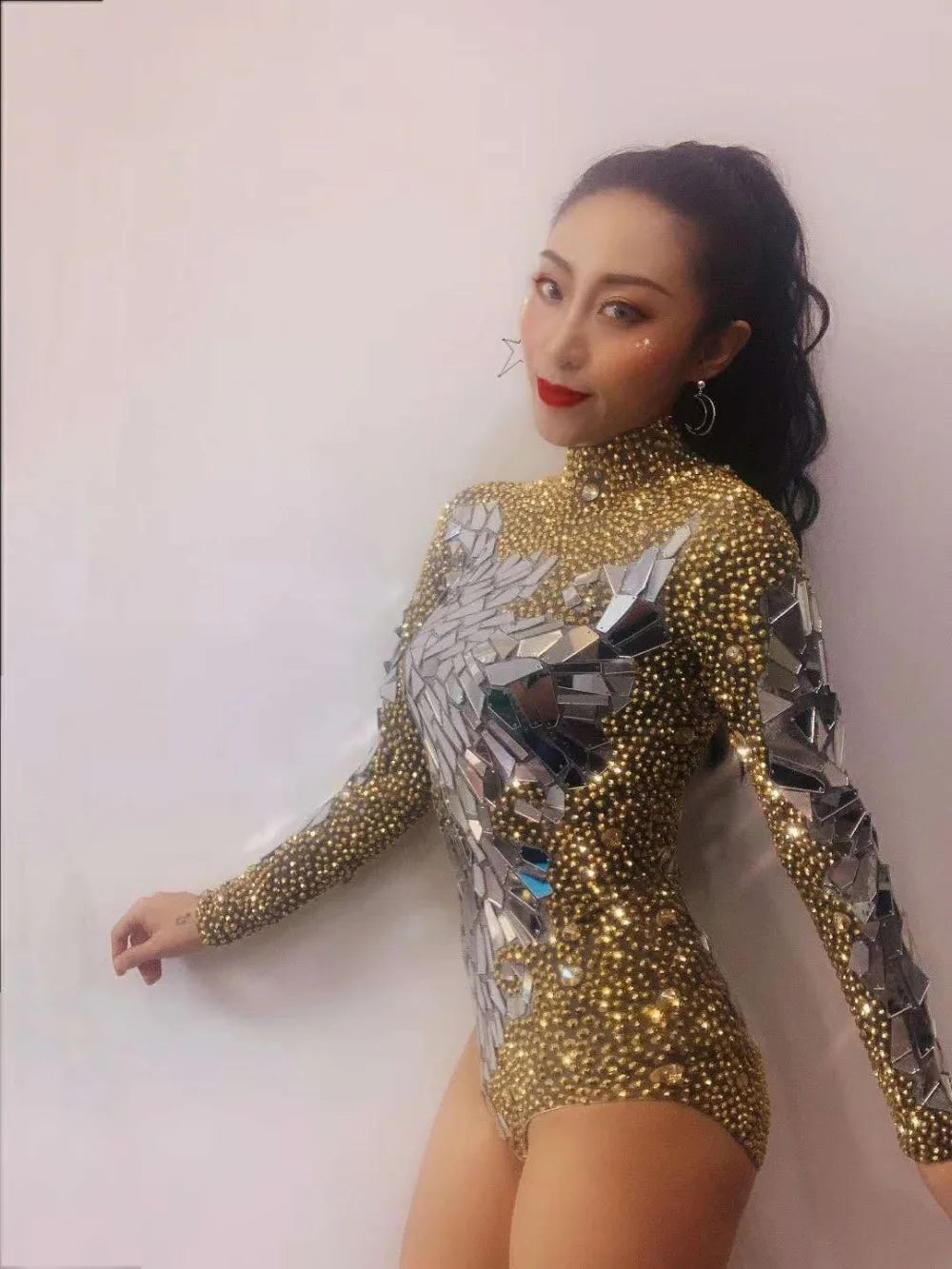 Women Gold Rhinestones Bodysuit Long Sleeve Jumpsuit Nightclub Costumes