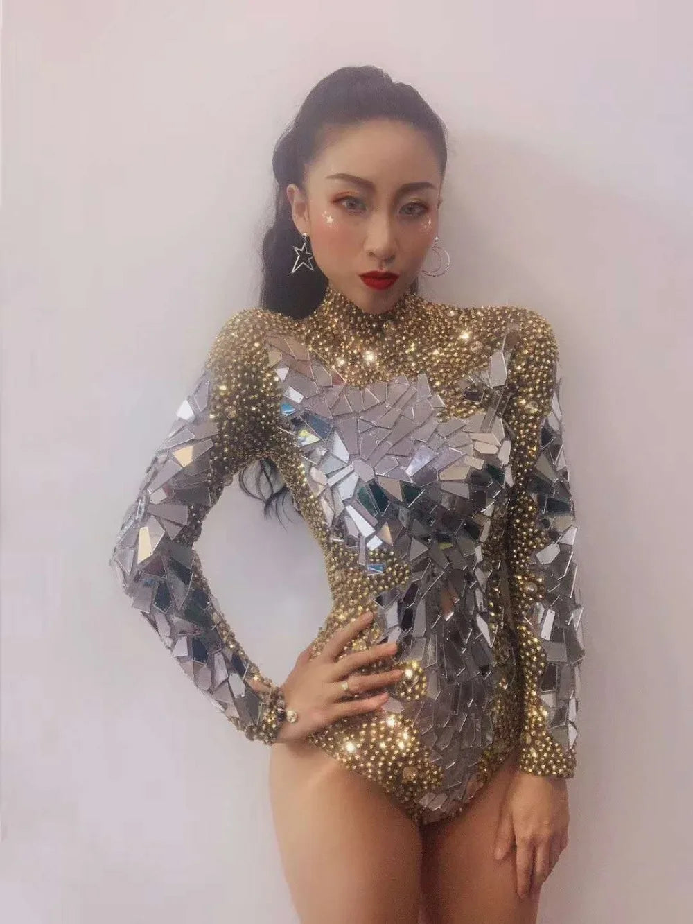 Women Gold Rhinestones Bodysuit Long Sleeve Jumpsuit Nightclub Costumes