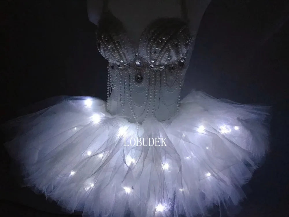 White Pearls Crystal Bikini LED Bubble Skirt Set Sexy Rave Party Nightclub Costumes DJ Dance