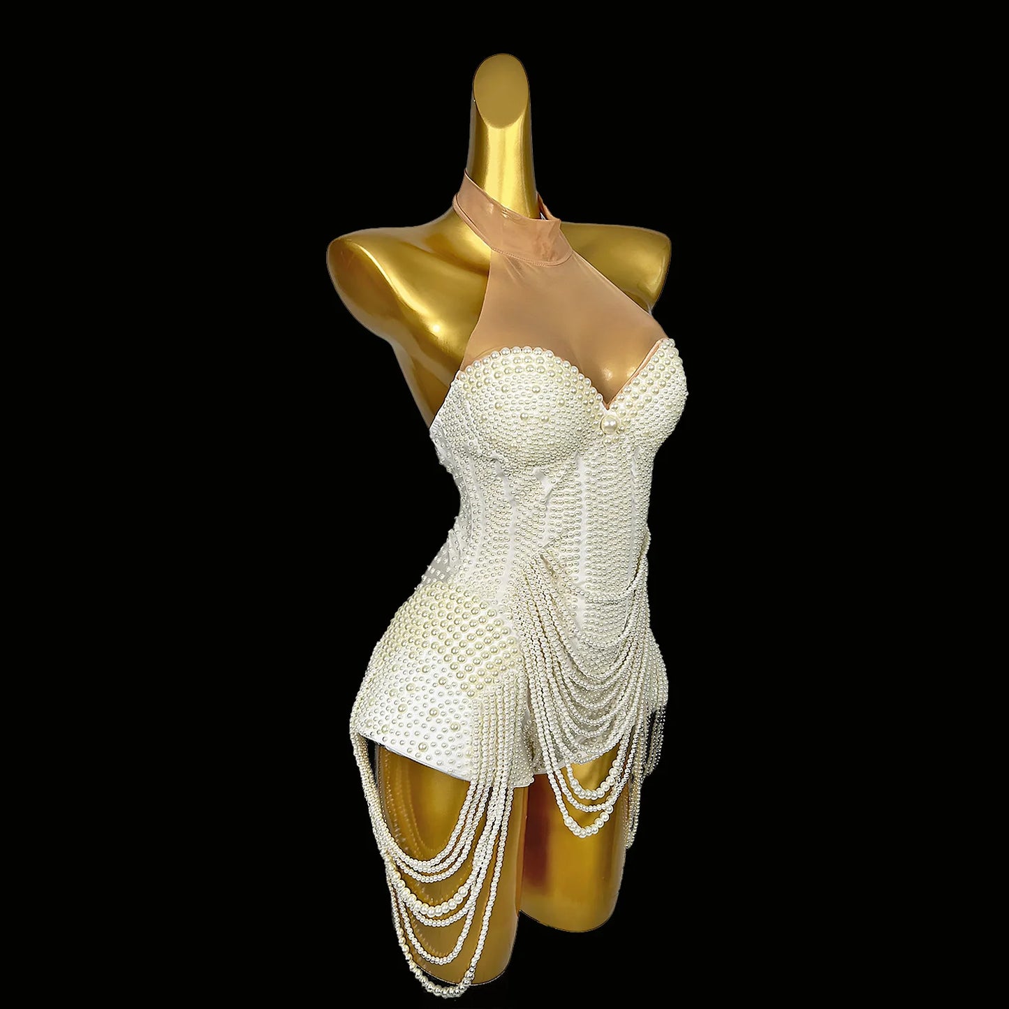 Luxurious Full White Pearls Chains Party Bodysuit  Elegant  Nightclub