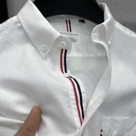 Luxury Brand 100% Pure Cotton Men's Shirt  Lapel Ribbon Pocket Short