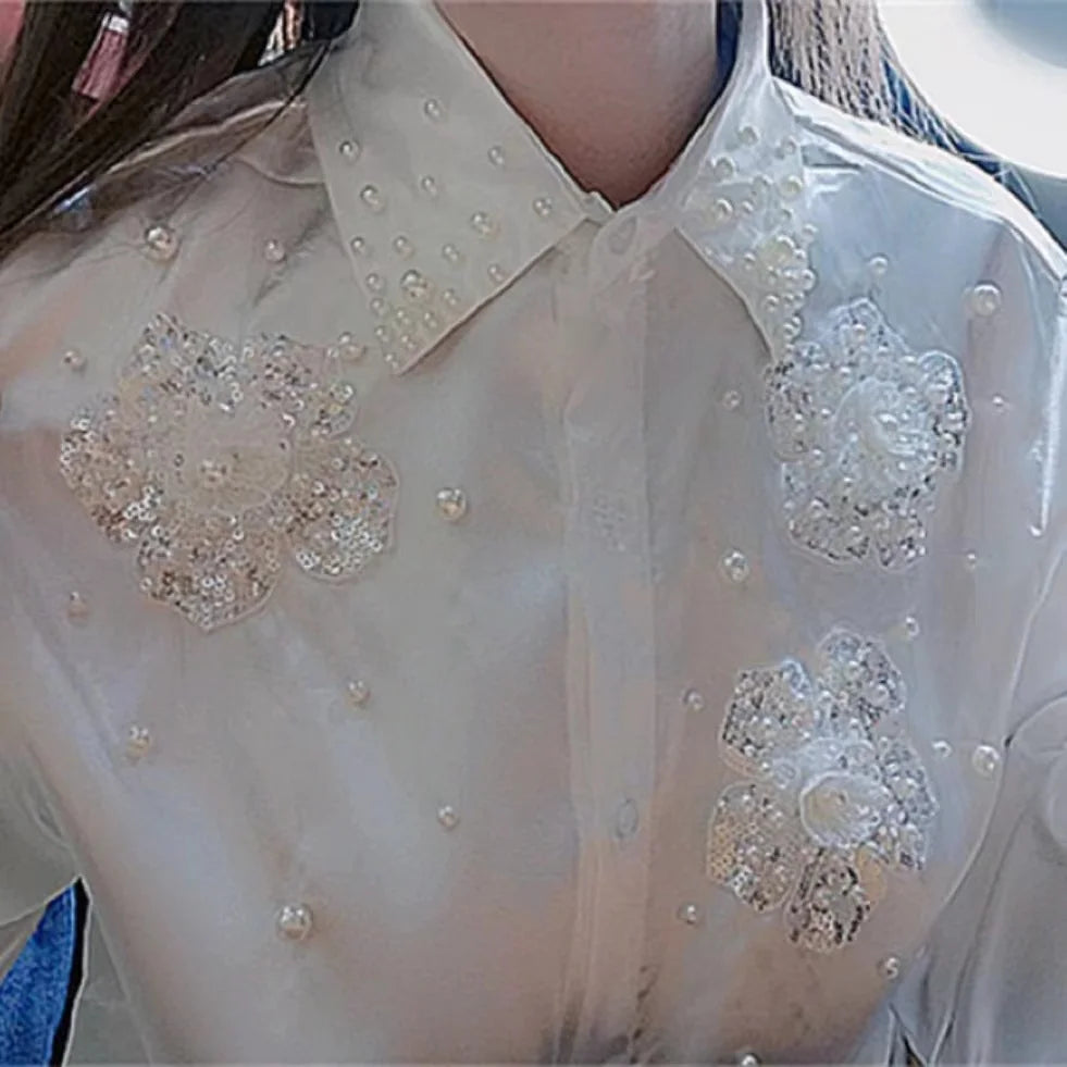 Luxury Style Peals Beaded Sequined Stitch White Blouses Shirts For Women