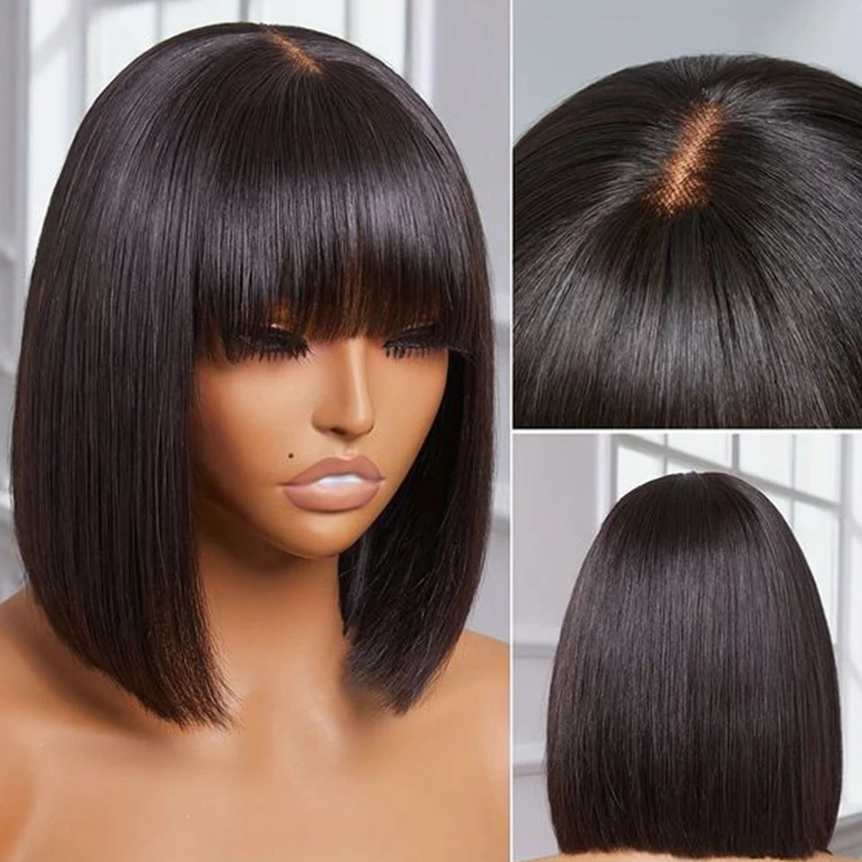 Short Bob Wig With Bangs Brazilian Remy Human Hair Wigs Full Machine Lace Realistic Scalp Glueless Straight Bob Wig