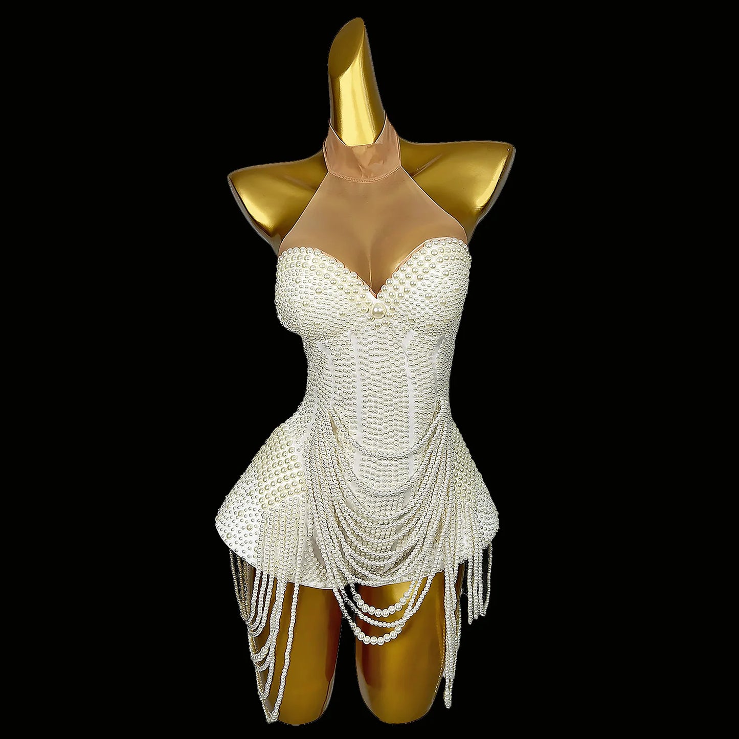 Luxurious Full White Pearls Chains Party Bodysuit  Elegant  Nightclub