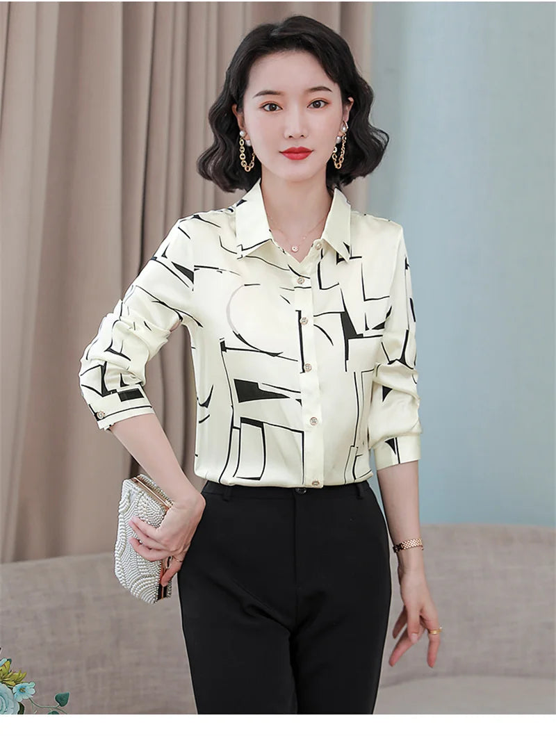 Satin Shirts Fashion Print Autumn Long Sleeve Polin Female Blouses