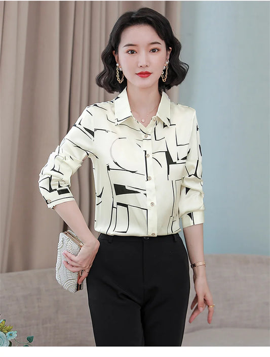 Satin Shirts Fashion Print Autumn Long Sleeve Polin Female Blouses