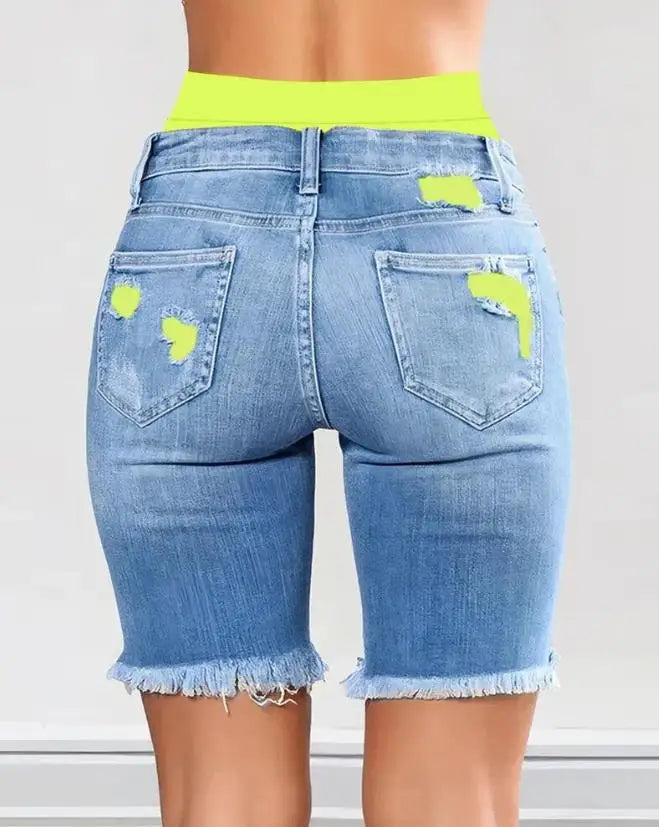 Women's Colorblock Letter Print Ripped 2-In-1 Denim Skinny Shorts Female Casual Bottom