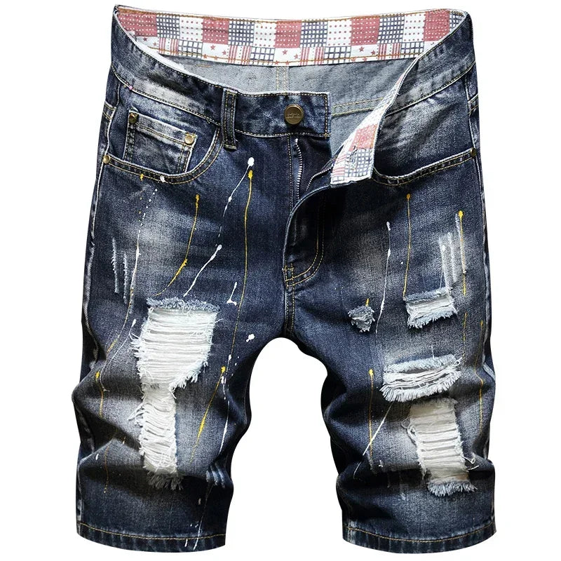 Men's Jeans Trend Beggar Quarter Pants Ripped Denim Shorts Loose Straight Painted