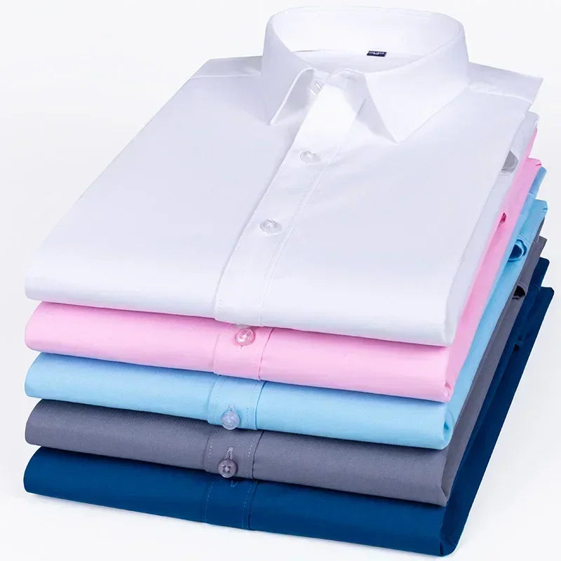 Iron Free Soft Office Tops Solid Color Elastic Long-sleeve Shirts for Men