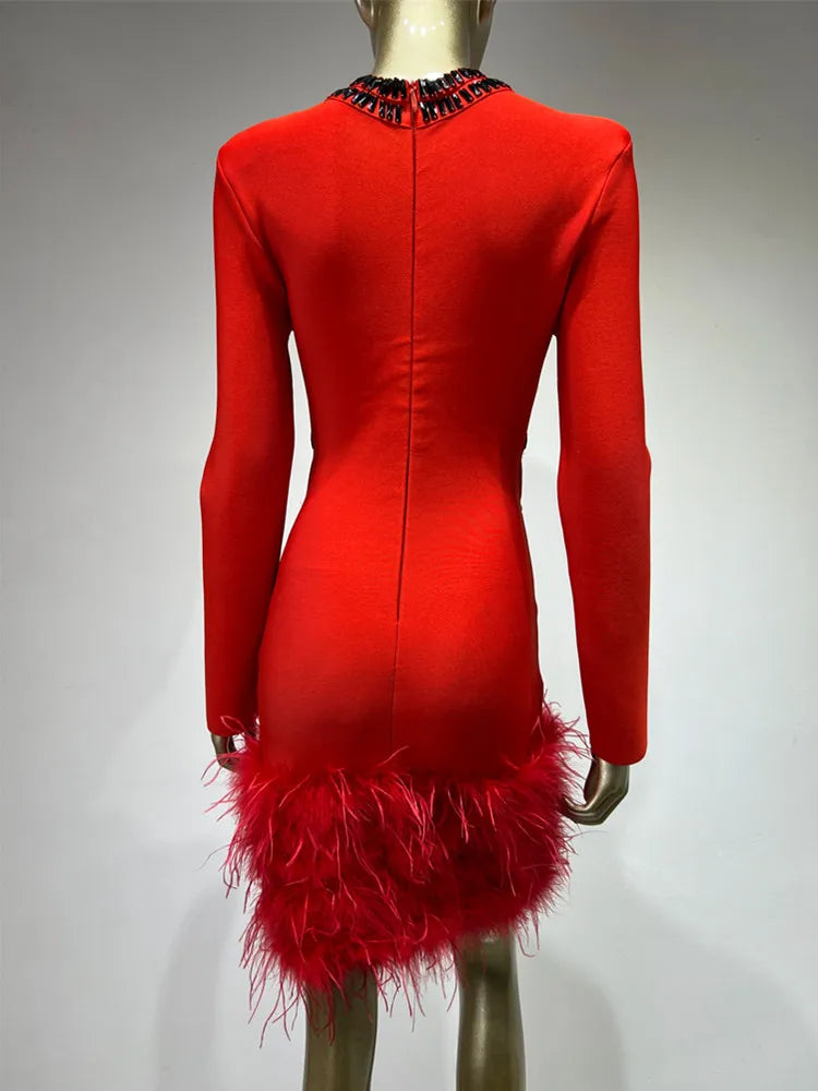 Women Luxury Sexy Long Sleeve Beading Feather Red Mini Bandage Celebrity Dress