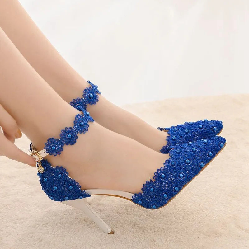 High Heels Pumps Buckle Strap Hollow Lace Pointed Toe Thin Heels