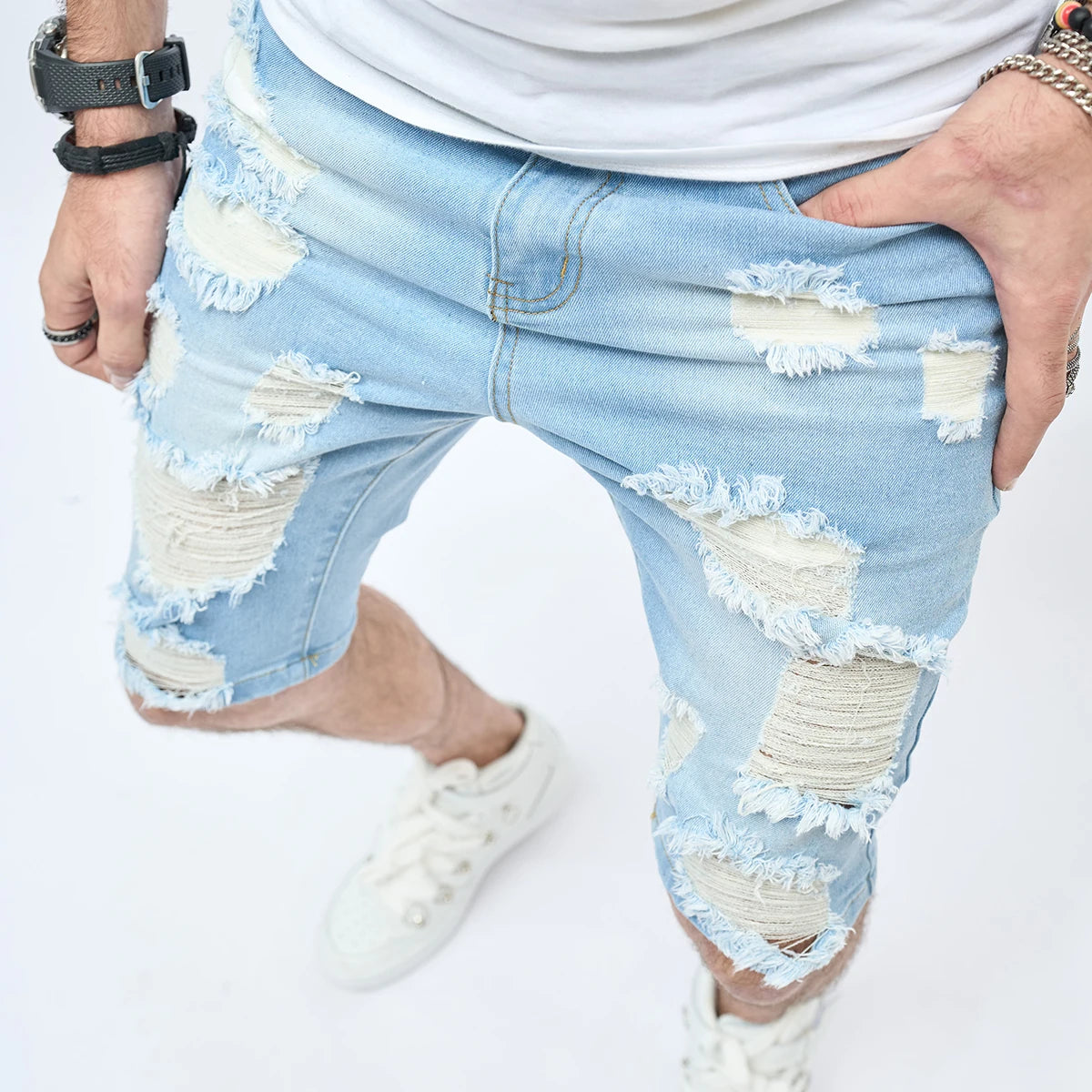 Summer Ripped Shorts Jeans Men's Hip-Hop Denim Pants Stretch Light Blue