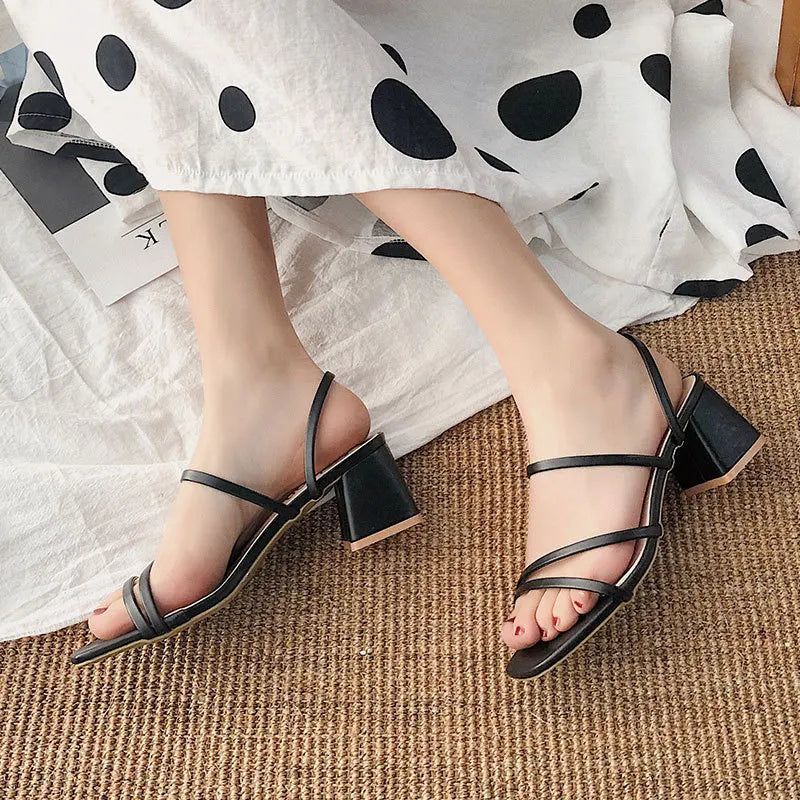 Women High Heel Sandals Casual Shoes Square Heel Open Toe Ankle Strap