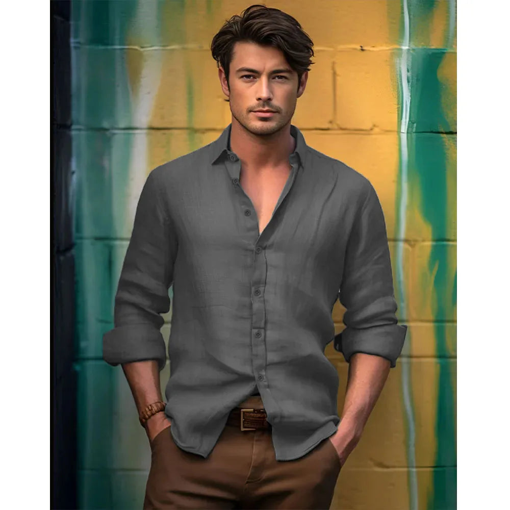 Men's Slim Fit Long-Sleeve Cotton Linen Shirts for Men