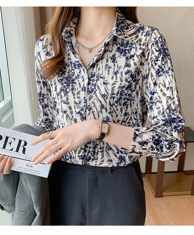 Vintage Casual Women Silk Shirts Autumn Long Sleeve Lapel Button