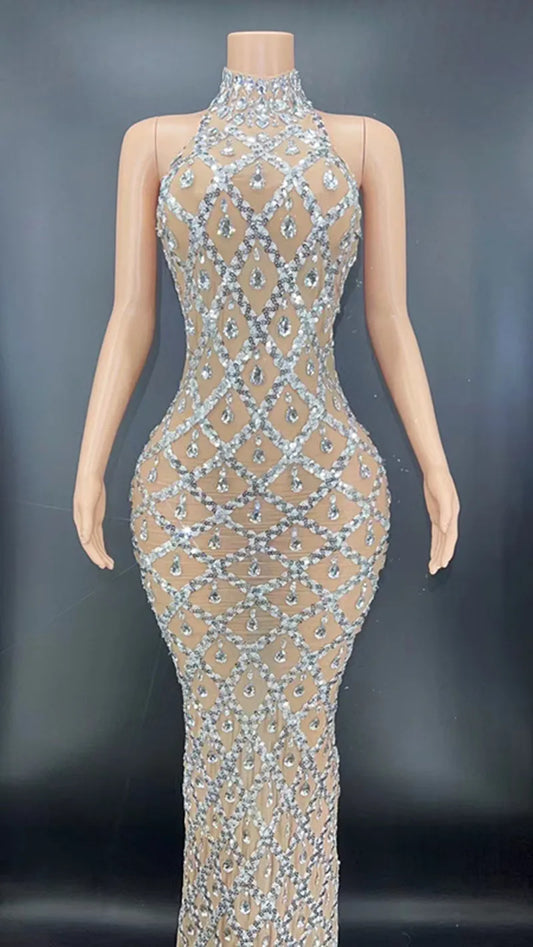 Sexy Colorful Mesh Luxury Rhinestones Celebrate Evening Wedding Prom Gown