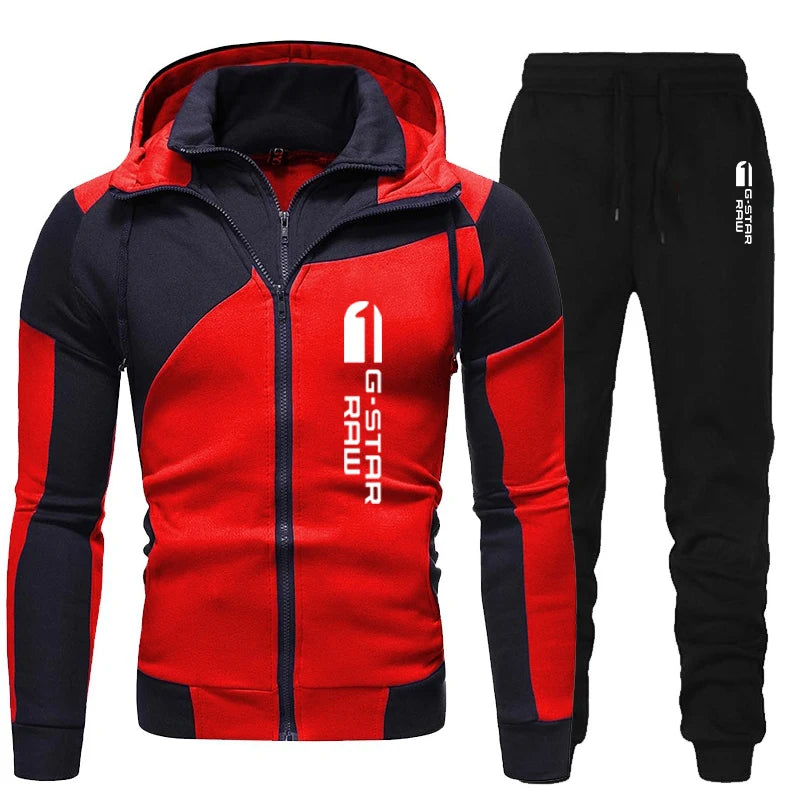 Men Tracksuit Double Zipper Two Pieces Set Mens Sportswear