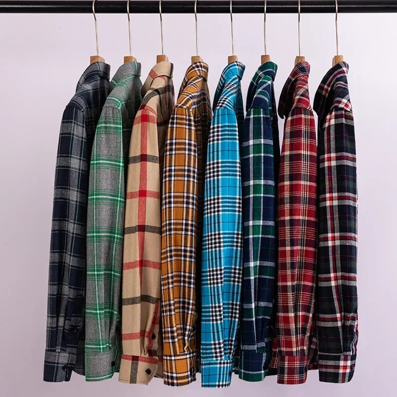 New Cotton Flannel Plaid Shirts Men Regular Fit Plus size