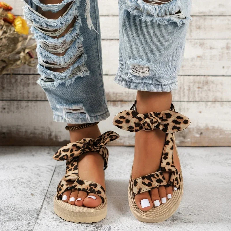 Women's Leopard Print Bow Sandals