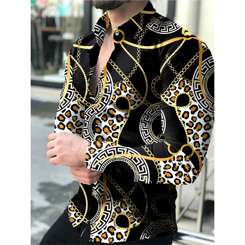 Men's social shirt Casual Leopard Chain Print Long Sleeve