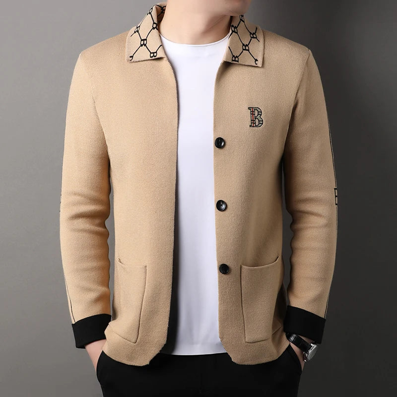 High end brand long sleeved men's lapel knitted cardigan