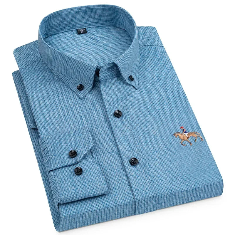 Non-iron Horse Embroidery Solid Soft Wrinkle  Ice Slik Men's Shirt Long Sleeve England StyleSlim Fit