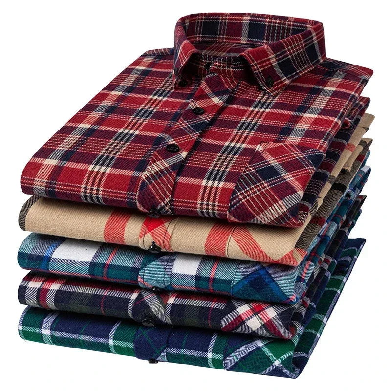 New Cotton Flannel Plaid Shirts Men Regular Fit Plus size