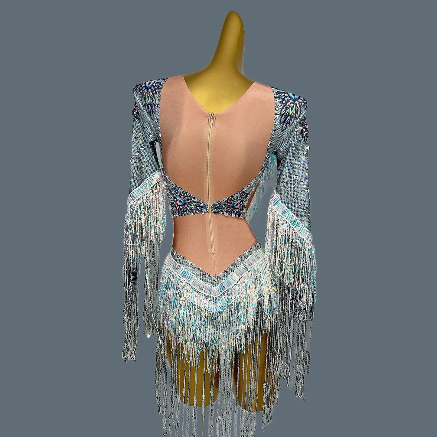 Women Rhinestone Sequins Tassel  Bodysuit