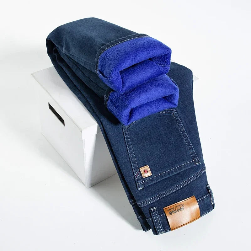 New Fleece Jeans Mens Thick Warm Winter Men's Pants Loose Straight Stretch Plus Size Trousers