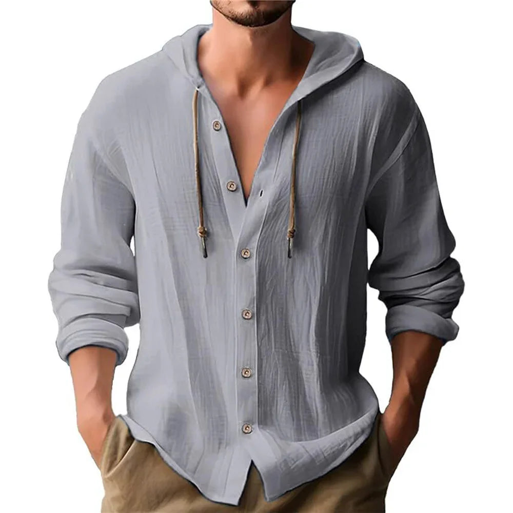 Men's Cotton Linen Shirts Long Sleeve Hooded Cardigan