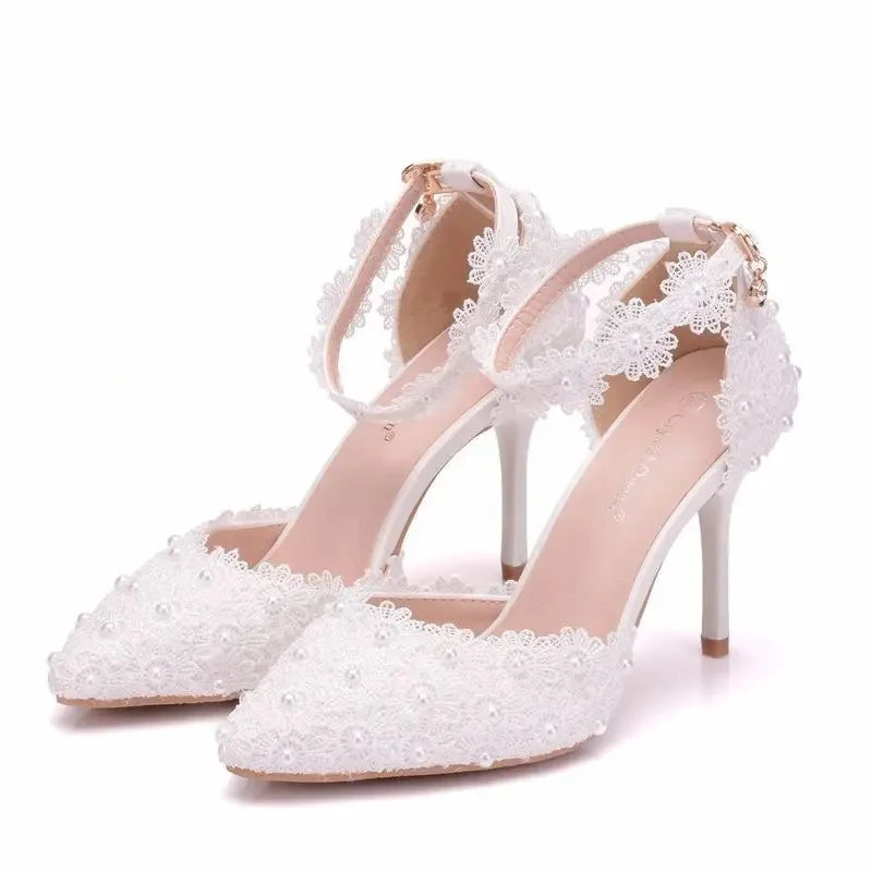 High Heels Pumps Buckle Strap Hollow Lace Pointed Toe Thin Heels