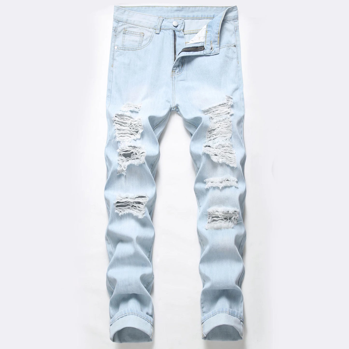 New Style Men's Knee-length Ripped Casual Jeans Light Blue Hip-hop High Street Non-stretch