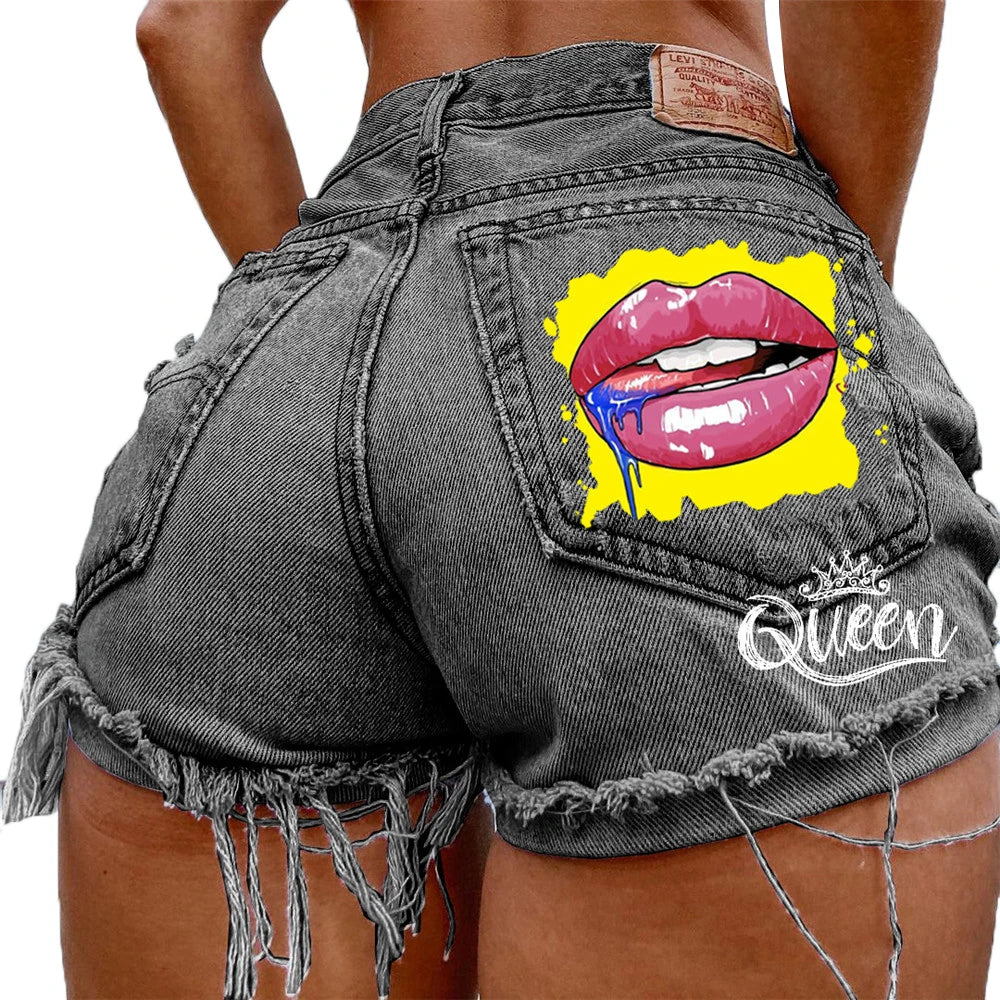 Denim Shorts Women High Street Net Red Lips Printed Jean Shorts