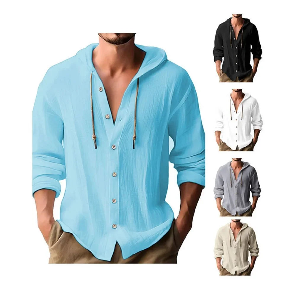 Men's Cotton Linen Shirts Long Sleeve Hooded Cardigan