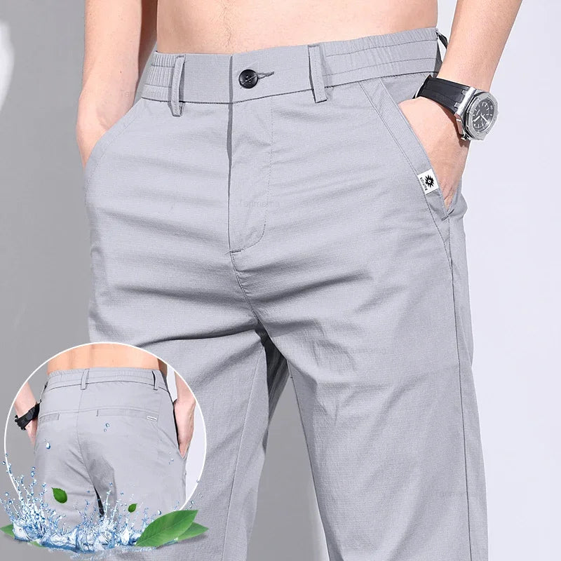 Ultra-thin Elastic Men's Casual Pants Ice Silk Cotton Fashion Slim Straight Business Trousers Black Gray Khaki