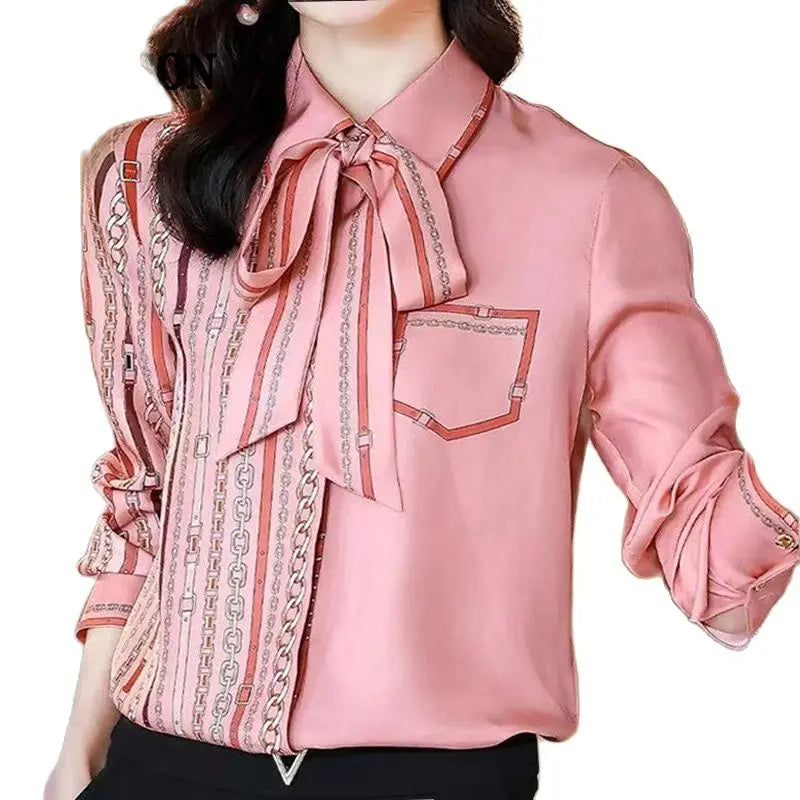 Bow Tie Neck Blouse  Long Sleeve  Pink Luxury