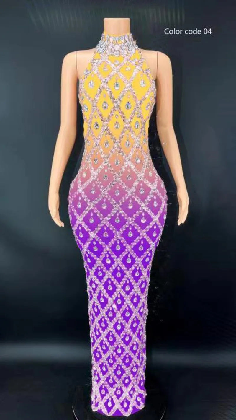 Sexy Colorful Mesh Luxury Rhinestones Celebrate Evening Wedding Prom Gown